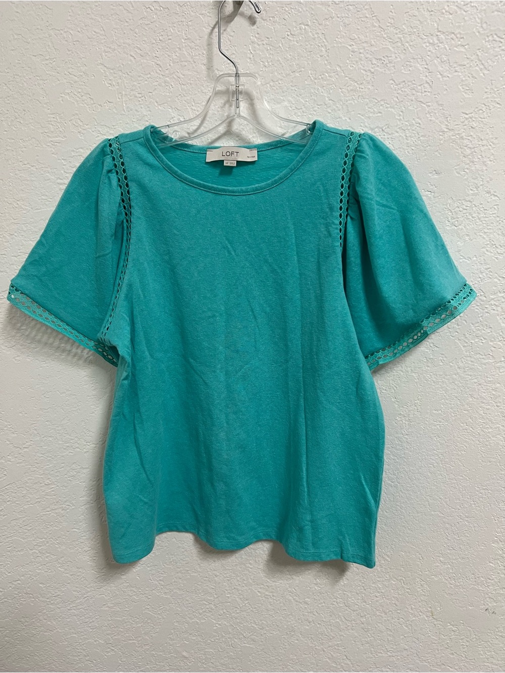 LOFT Teal Puff-Sleeve Crochet Trim Top